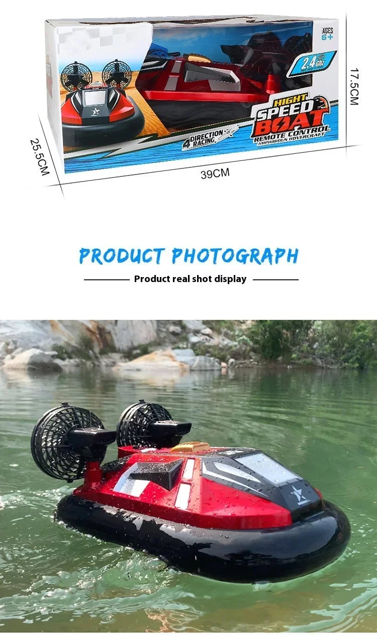 RC 4-Way Remote Control Amphibious Hovercraft Speedboat for Kids - High-Speed Electric Land and Water Racing Toy