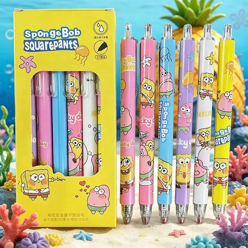 Retractable Gel Pens | SpongeBob Theme | Quick Dry Black | 6 Pack Student Set