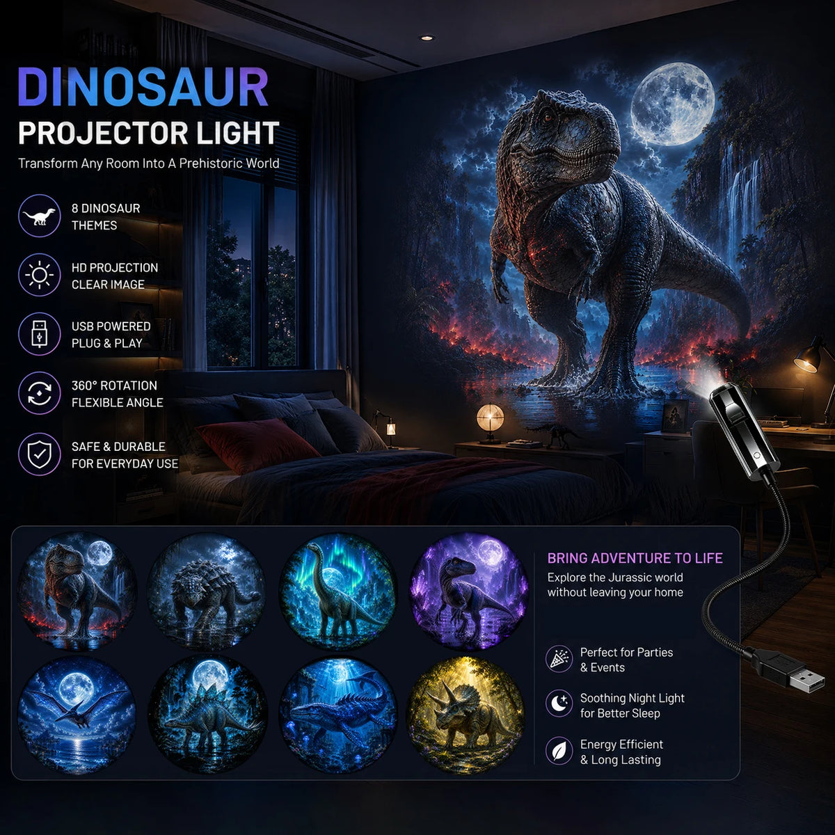 Dinosaur Projector Night Light | USB Powered | Jurassic Galaxy | Kids Room