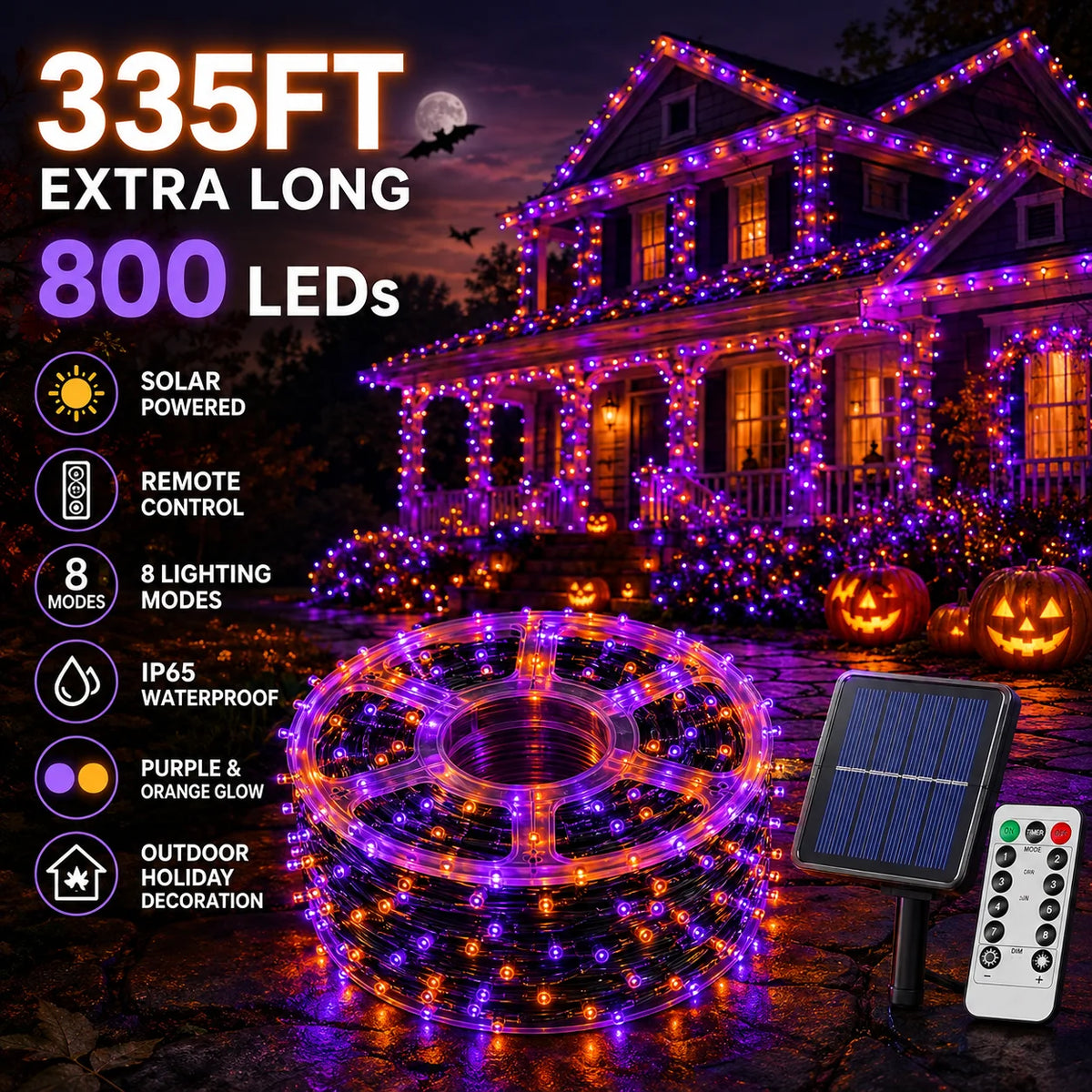 Halloween String Lights | 335 Ft 800 Led | Remote | Purple Orange Patio Decor