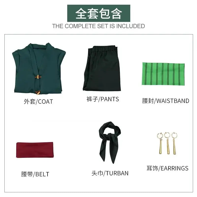 Anime Figures Roronoa Zoro Cosplay Costume Uniform Green Coat Pants Head Scarf Roronoa Zoro Wig Earrings Halloween Men Clothes - ToylandEU