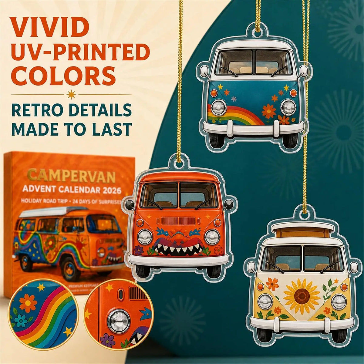 Advent Calendar | 24 Retro Campervan Ornaments | Unique Acrylic Road Trip Designs | Desktop Display Gift