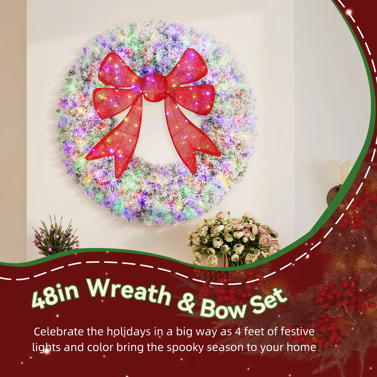 Artificial Christmas Wreath | 48 Inch Flocked | Pre Lit With Bow | Indoor Decor