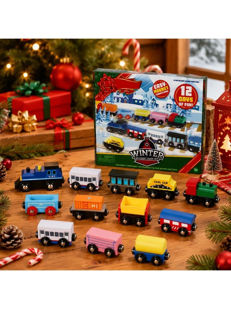 Advent Calendar | 12 Day Wooden Train Cars | Magnetic Train Set For Boys And Kids | Classroom Prizes Party Favor