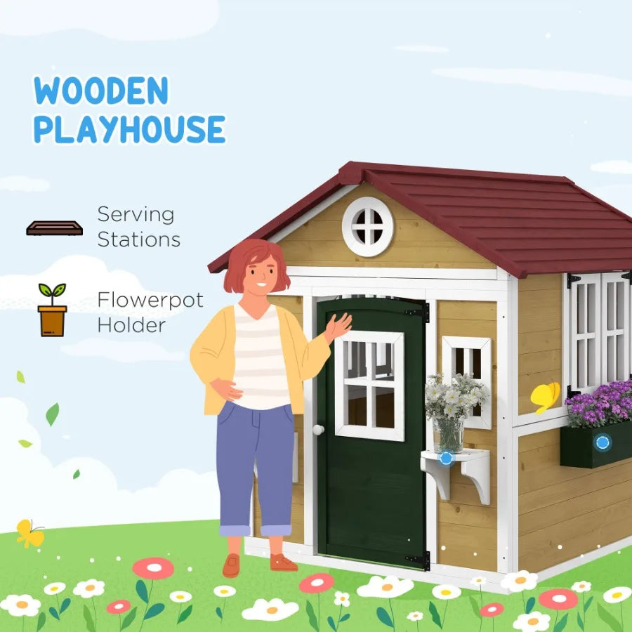 Wooden Outdoor Playhouse For Kids With Doors And Windows Planter