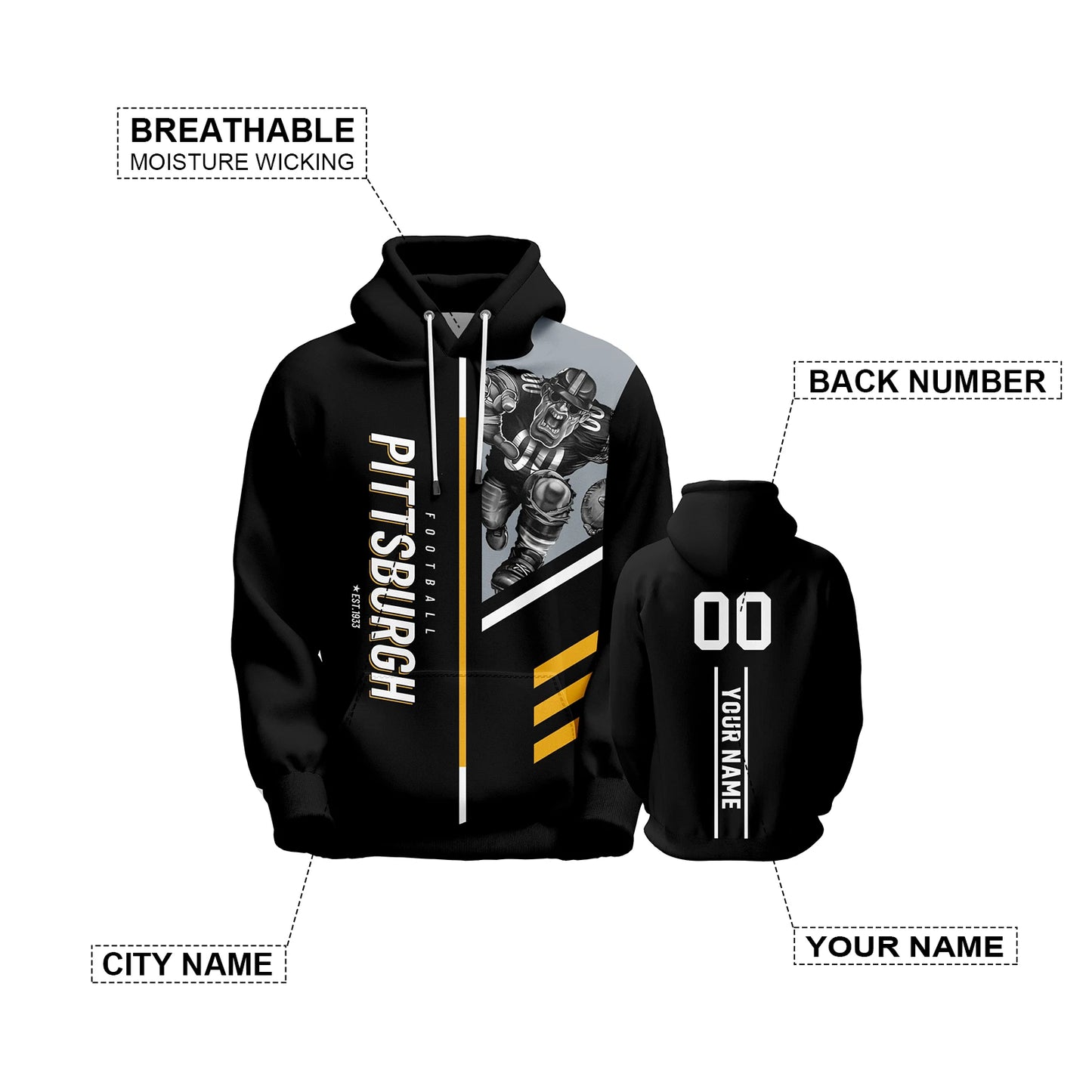 Personalized Pittsburgh City 3D Printed American Football Hoodie for Men, Women, and Youth - Custom Name and Number Sweatshirt Gift