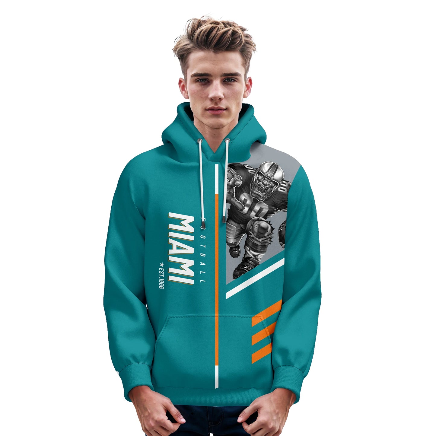 Personalized 3D Printed Miami Football Hoodie for Men & Youth - Custom Name, Number, City & Mascot Pullover Gift