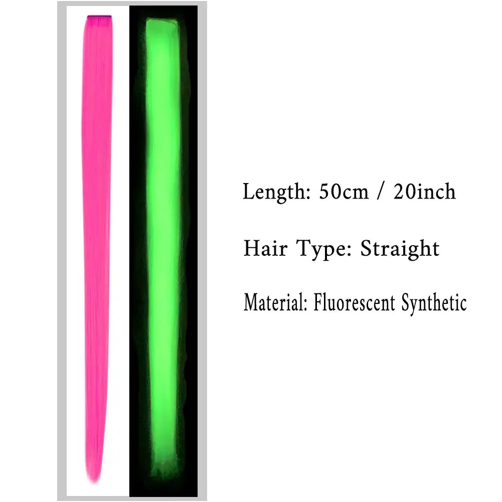 20 Inch Glow in the Dark Hair Extensions Clip Luminous Colored Hairpieces Party Rainbow Hair Clips Synthetic Straight Wig - ToylandEU