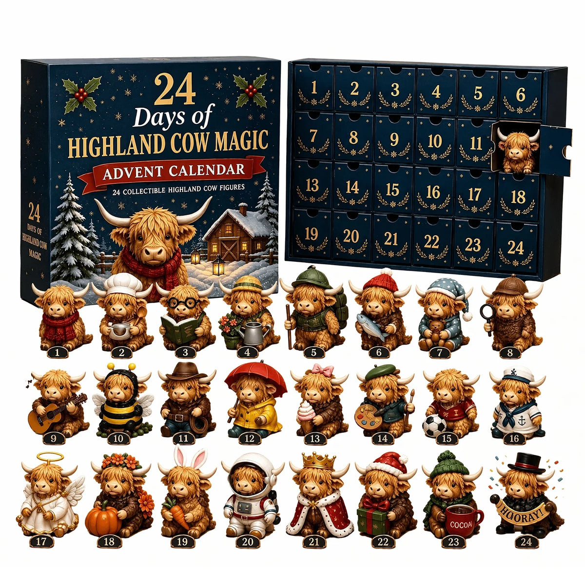 Advent Calendar | 2026 Highland Cow Figures | 24 Piece 3D PVC Display | Mantel And Shelf Decor