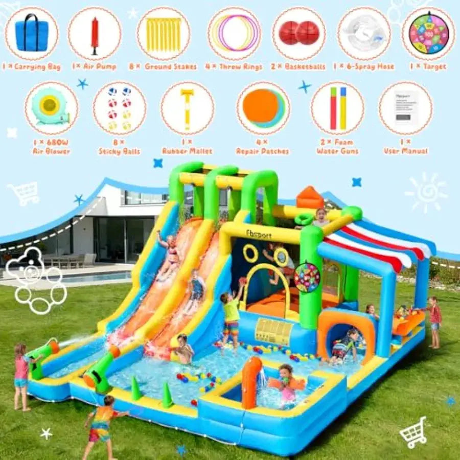 Backyard inflatable bounce house with double water slide, PVC material, blue and yellow, 11-in-1 design including splash pool a - ToylandEU