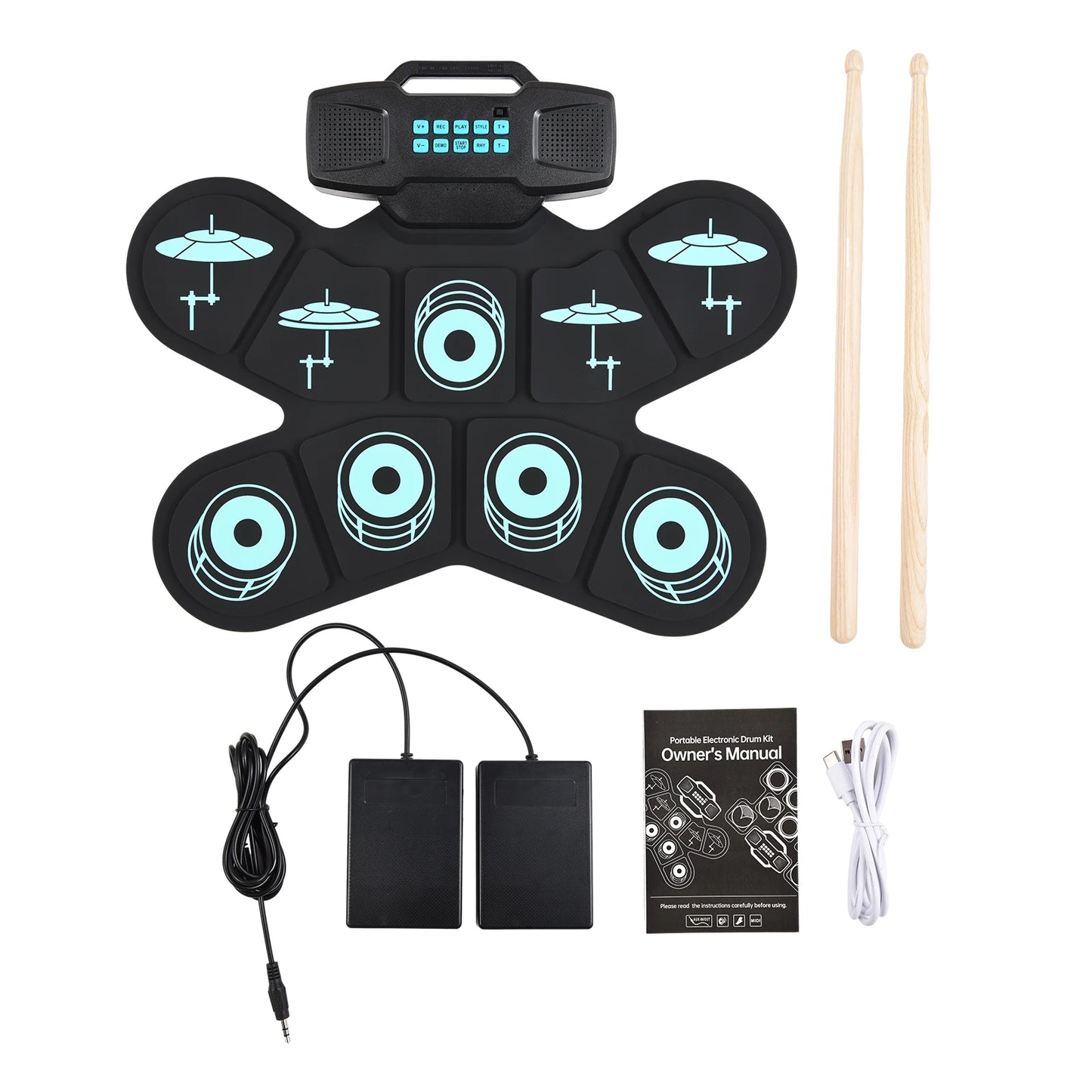 Portable Electronic Drum Set With 9 Pads And Rechargeable Power