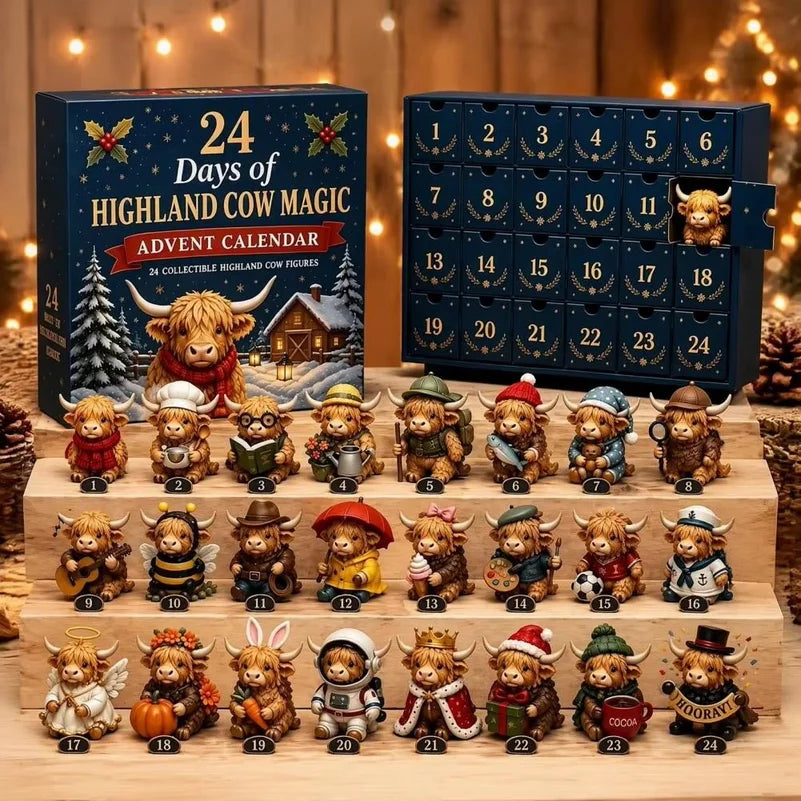 Advent Calendar | 24 Day Highland Cow Mini Figures | Numbered Compartments | Farmhouse Holiday Decor