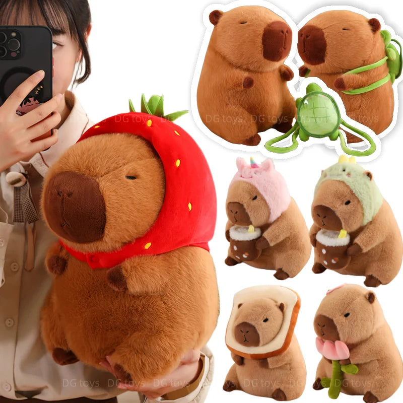 Adorable Capybara Plush Toy with Strawberry Hat & Turtle Backpack