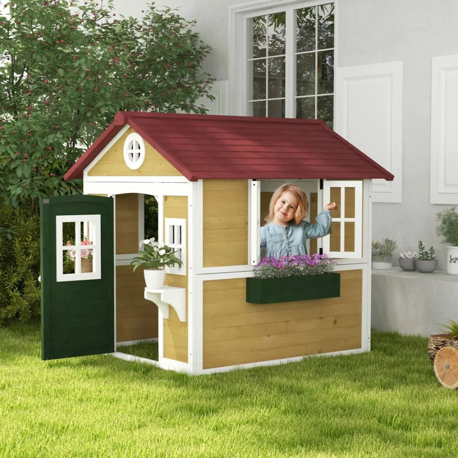 Wooden Outdoor Playhouse For Kids With Doors And Windows Planter