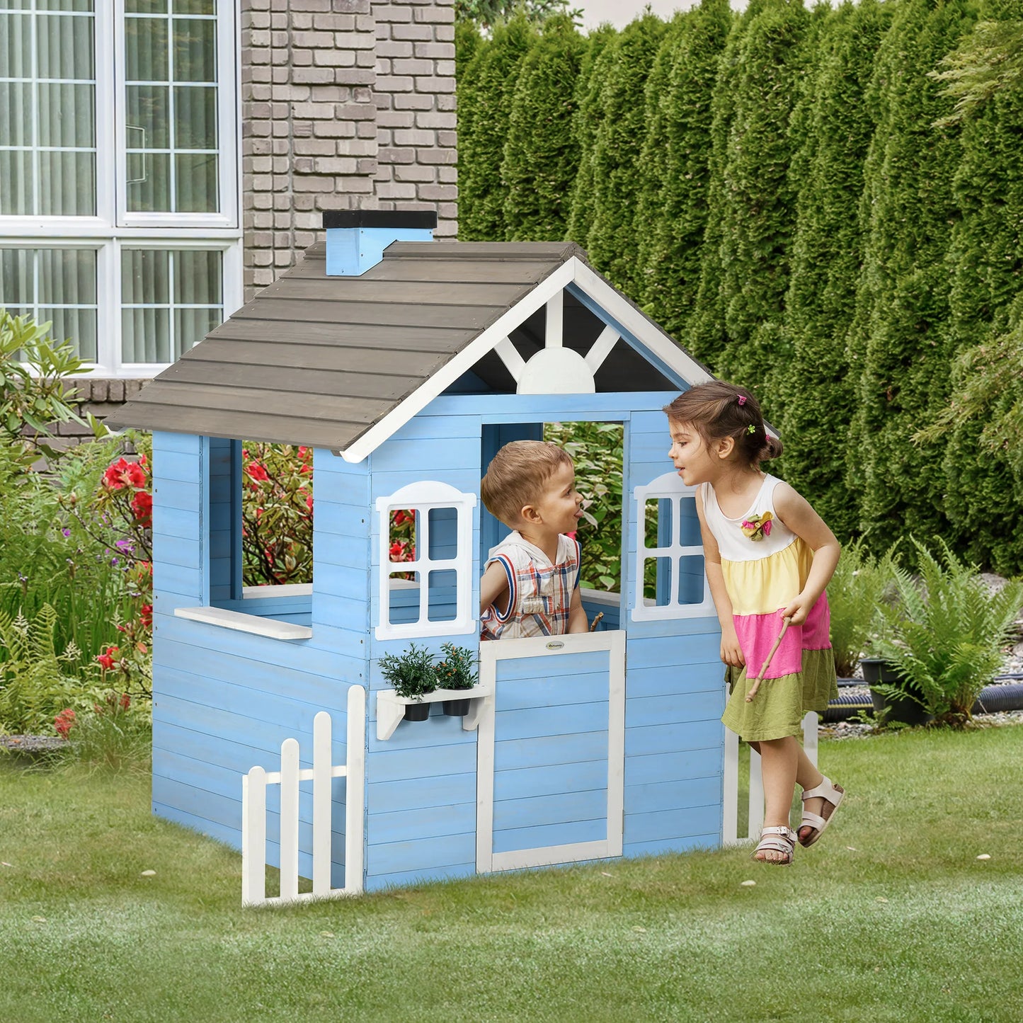 Outsunny Wooden Playhouse For Kids With Working Doors And Windows