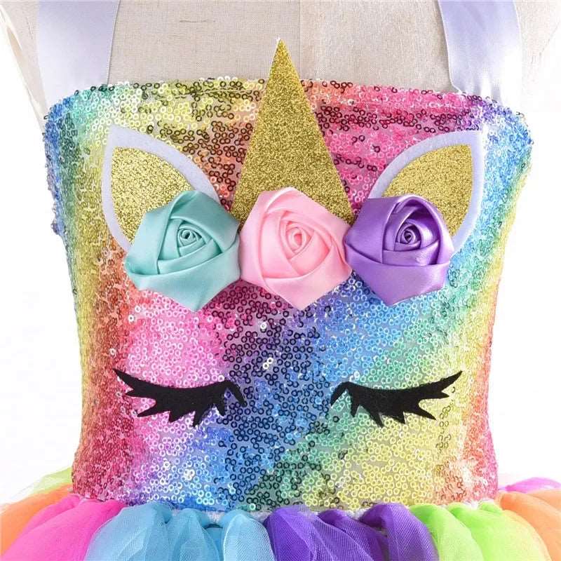 Enchanted Rainbow Unicorn Tutu Dress for Girls - Summer Fantasy Cosplay Costume with Glowing Appliques