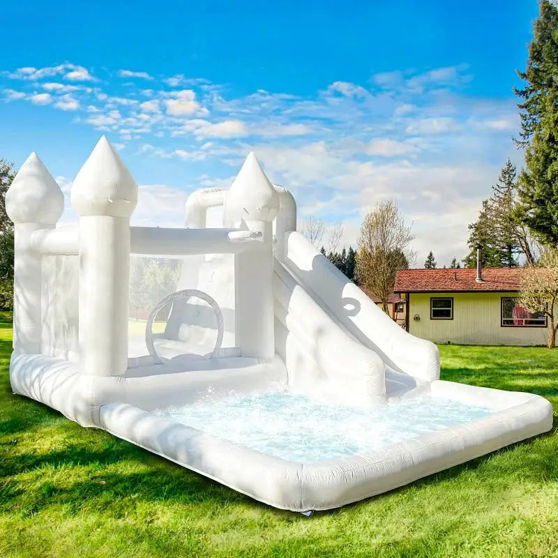 14FT Spire‑Top Inflatable White bounce house with Slide, Large Ball Pit and Middle Play Zone, Durable and Portable for party - ToylandEU
