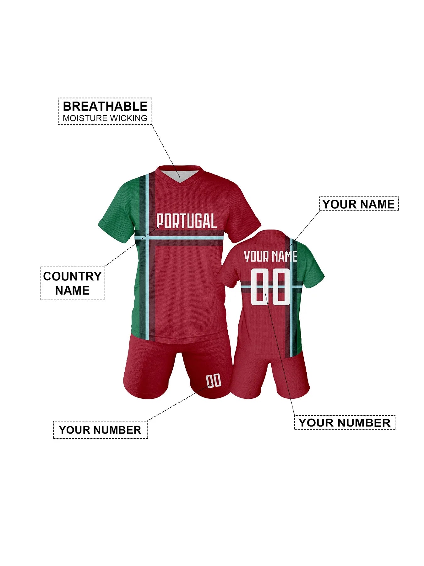 Customizable Portugal Youth Soccer Jersey - Personalized Name & Number Football Uniform for Kids Aged 3-14 Years