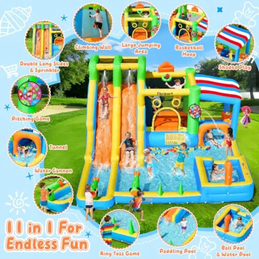 Backyard inflatable bounce house with double water slide, PVC material, blue and yellow, 11-in-1 design including splash pool a - ToylandEU
