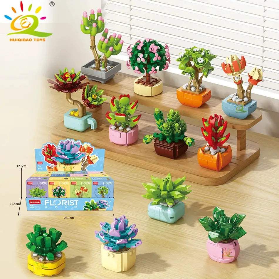 HUIQIBAO MOC Flower Succulent Potted Model Building Block DIY Eternal Bouquet Home Desk Plant Decor Brick Girl Gift Children Toy - ToylandEU