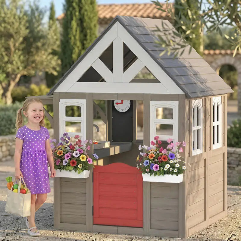 Wooden Outdoor Playhouse For Kids With Stove Set Backyard Fun