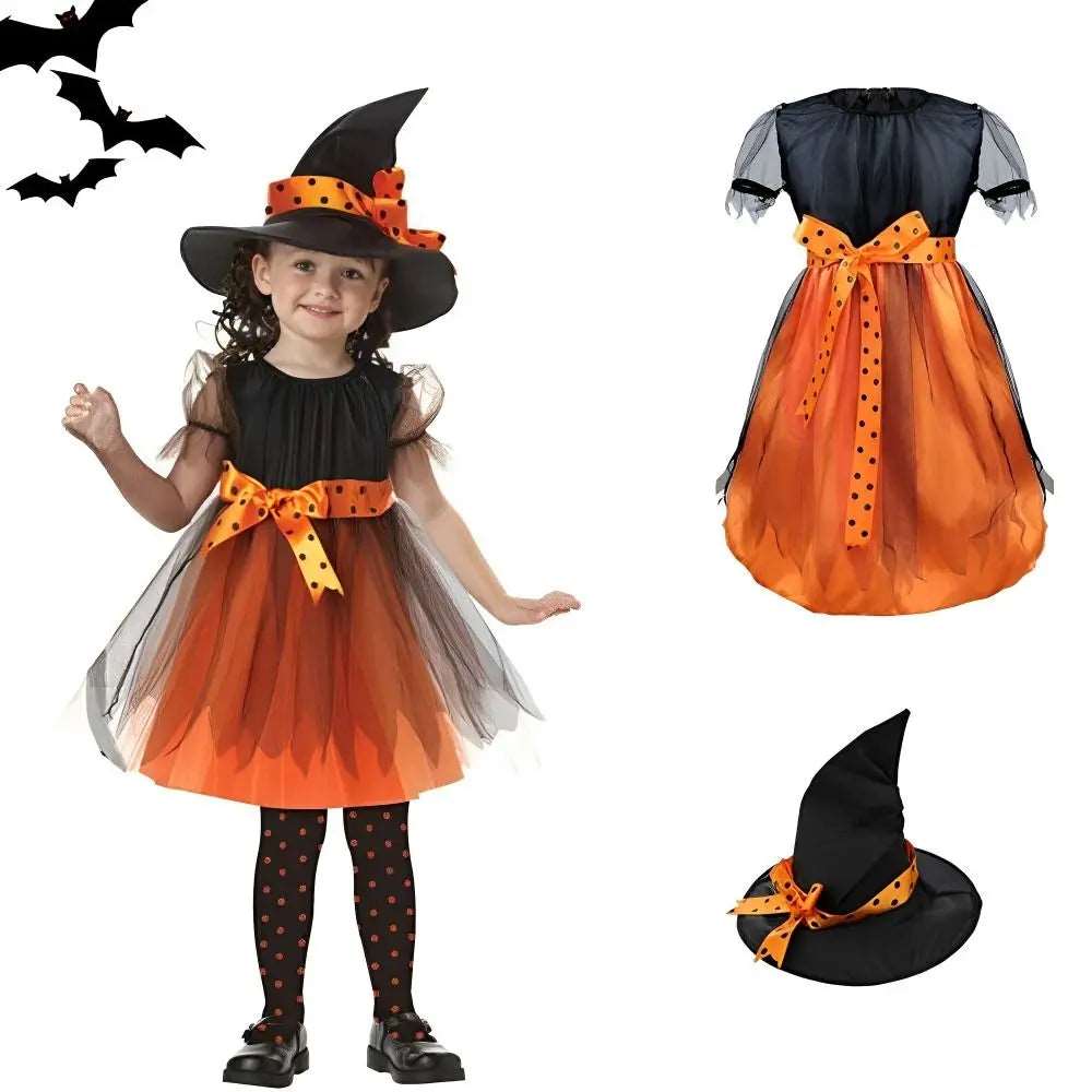 Enchanting Baby Girl Witch Costume Set for Halloween Parties - Black & Orange Dress with Hat