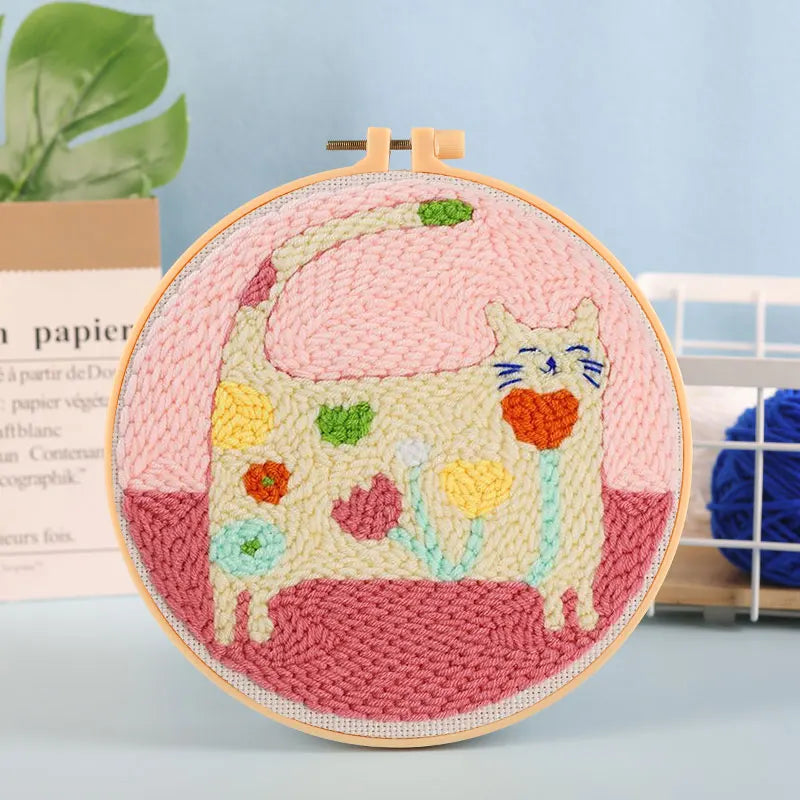 Beginner Cat & Floral Punch Needle Kit - Adjustable Embroidery Pen, Hoop, and Craft Supplies for Kids and Adults