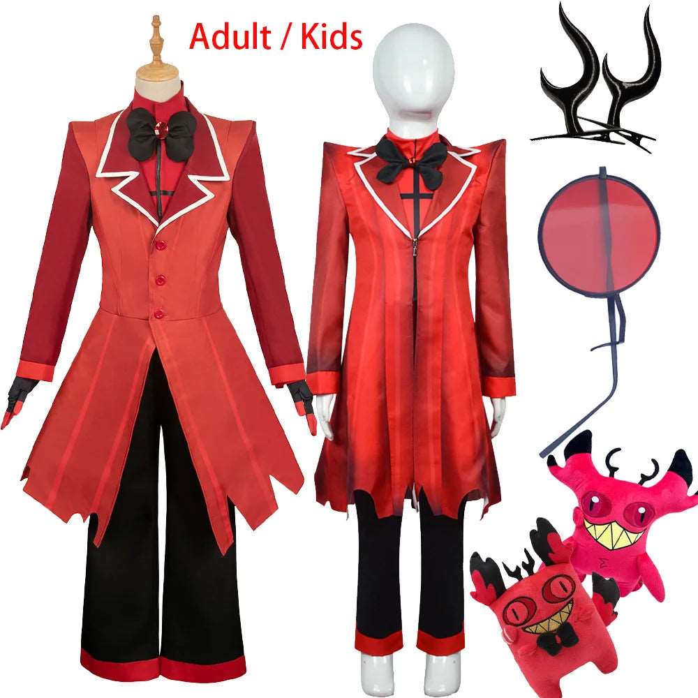 Alastor Anime Cosplay Costume Set for Adults and Kids with Glasses, Horns, and Plush Accessories - Perfect for Halloween and Carnival