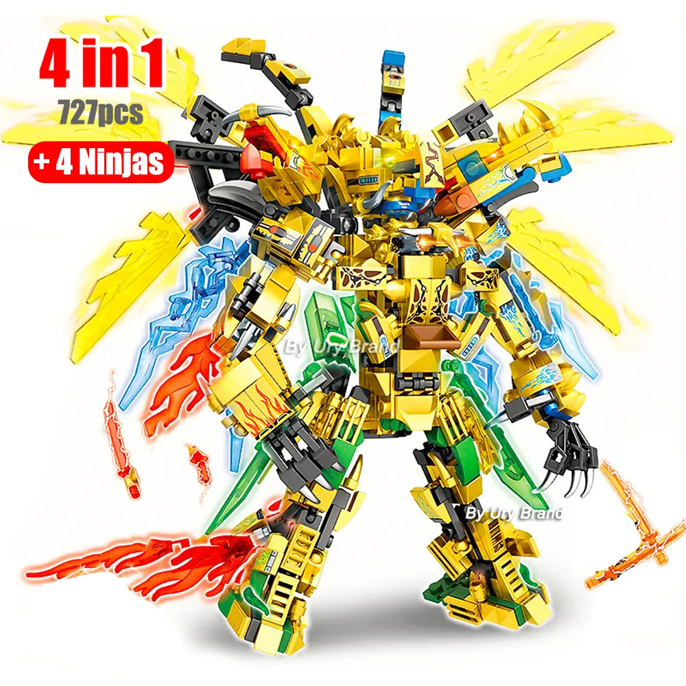 Golden Warrior Robot with Two Flying Dragon Heads - 727 Piece Set - ToylandEU