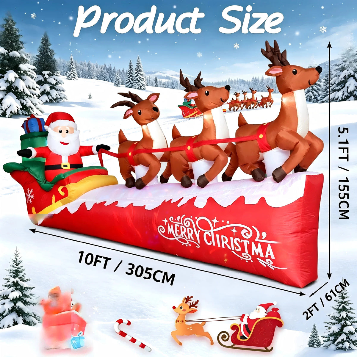 Christmas Inflatables | 10 Ft Size | Santa Reindeer Sleigh | Outdoor Yard