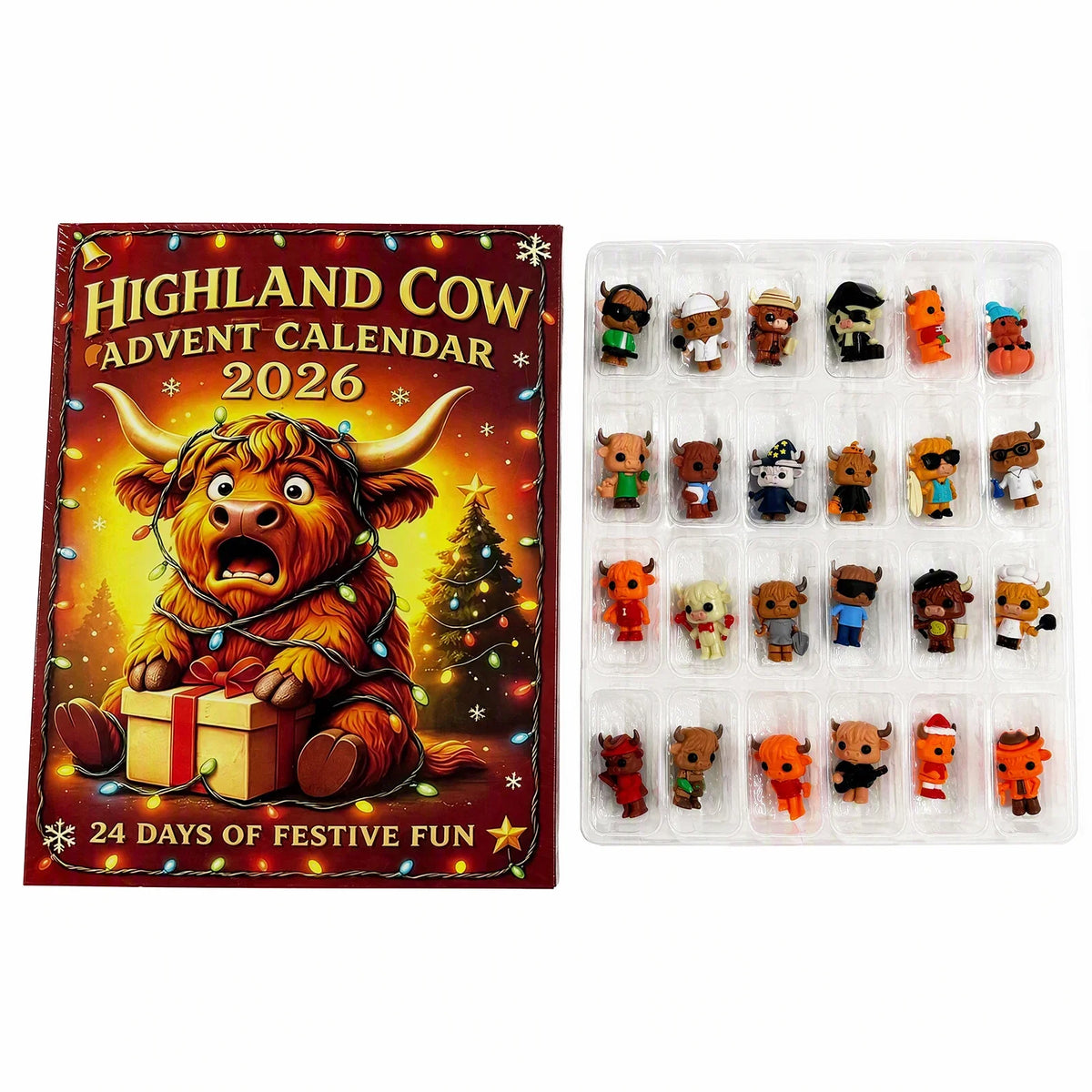 Advent Calendar | 2026 Highland Cow Figures | 24 Piece 3D PVC Display | Mantel And Shelf Decor