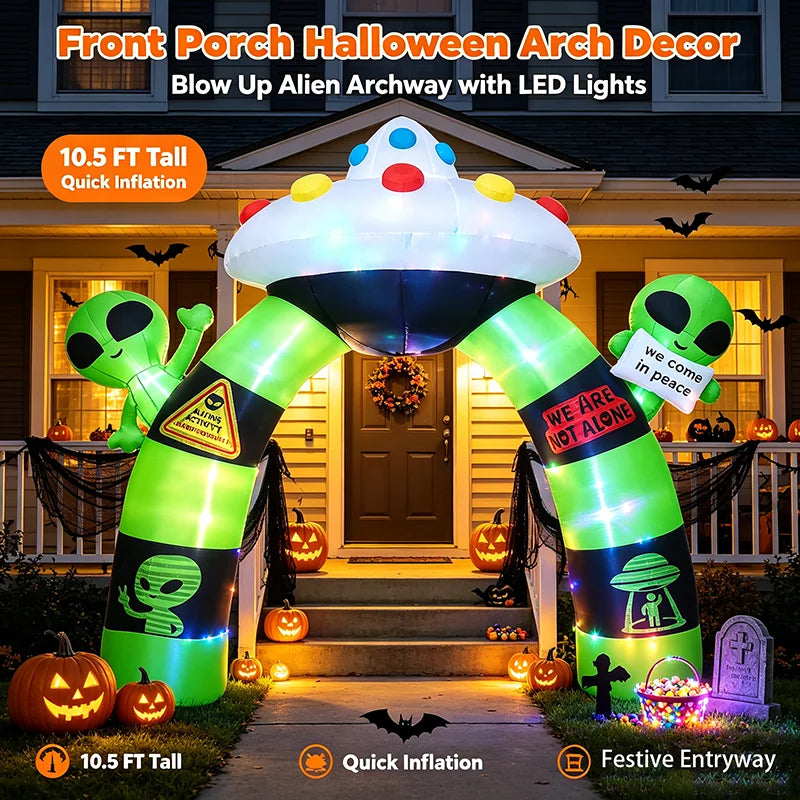 Inflatable Alien Arch | 10.5 Ft | Built In LED Lights | Halloween Yard Decor