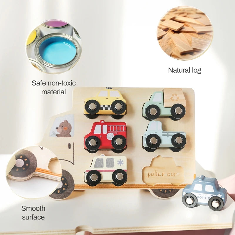 Montessori Wooden Jigsaw Puzzle | 6 City and Emergency Vehicles | Baby Toy