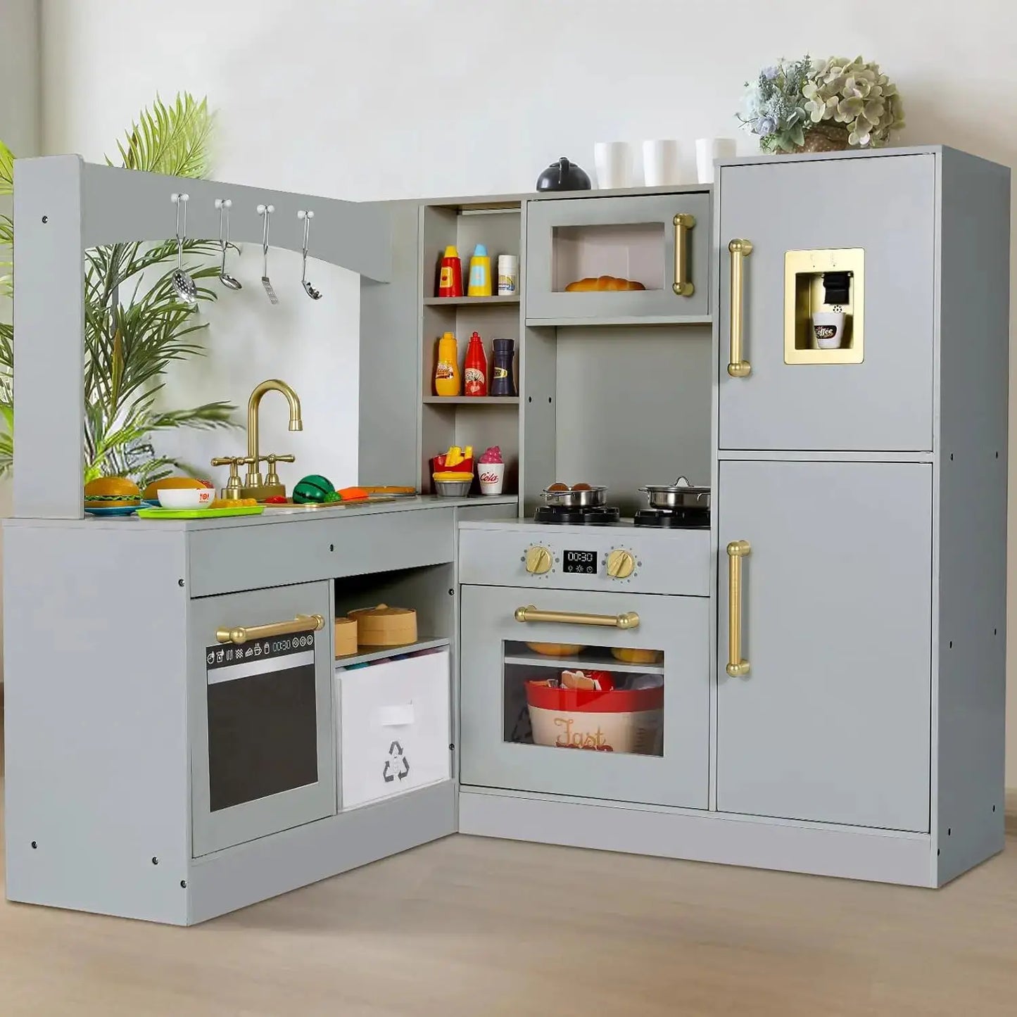 Corner Play Kitchen for Kids, Wooden Pretend Toy Kitchen, Large Toodler Cooking Playset w/Refrigerator, Stove w/Light & Sound, D - ToylandEU