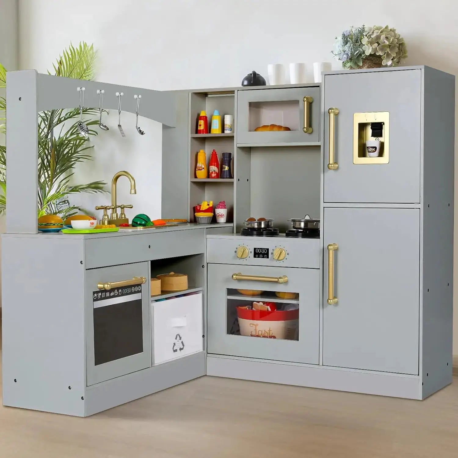 Corner Play Kitchen for Kids, Wooden Pretend Toy Kitchen, Large Toodler Cooking Playset w/Refrigerator, Stove w/Light & Sound, D - ToylandEU