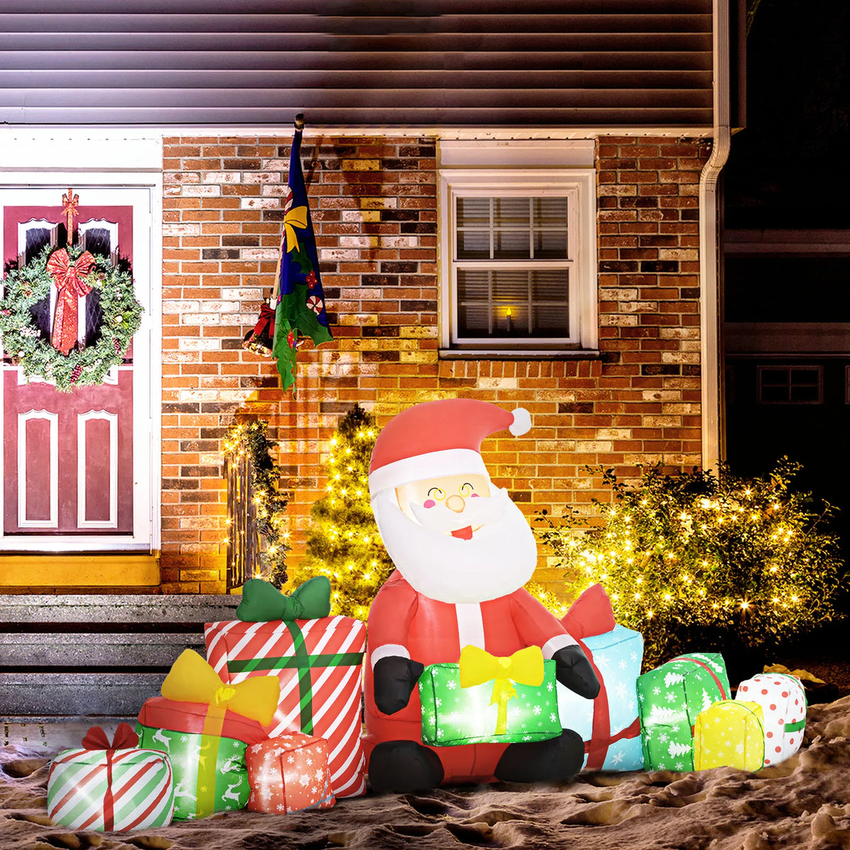 Inflatable Santa Claus And Gift Boxes | 10 Ft Wide | White Led Lights