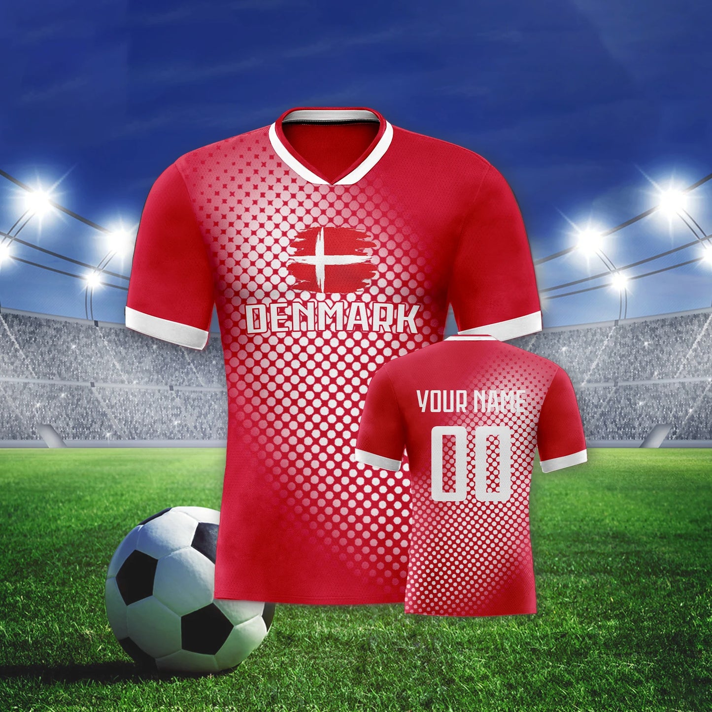 Denmark Customizable National Soccer Jersey with Name, Number, and Polka Dot Flag Design for Fans of All Ages