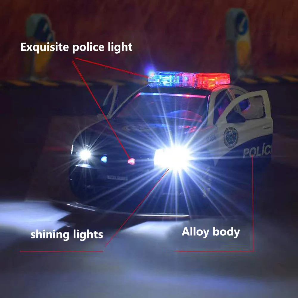 1:32 Alloy Diecast Police Car Toy with Sound and Light Effects and Pull-Back Action