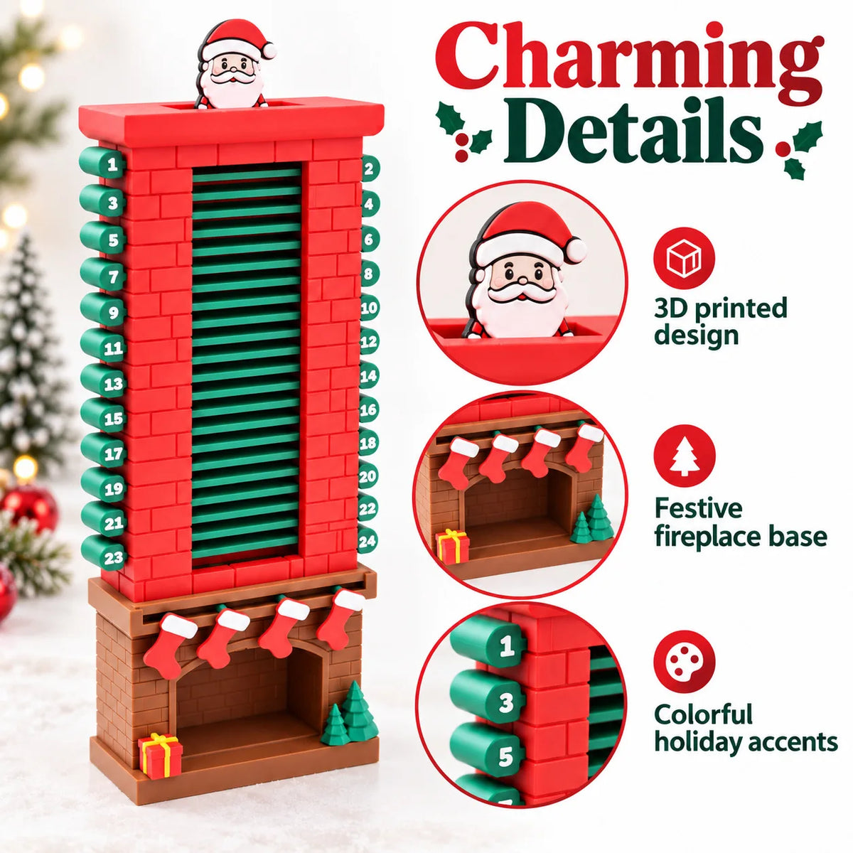 Wooden Advent Calendar | 24 Day Countdown | Santa Claus Desk Ornament