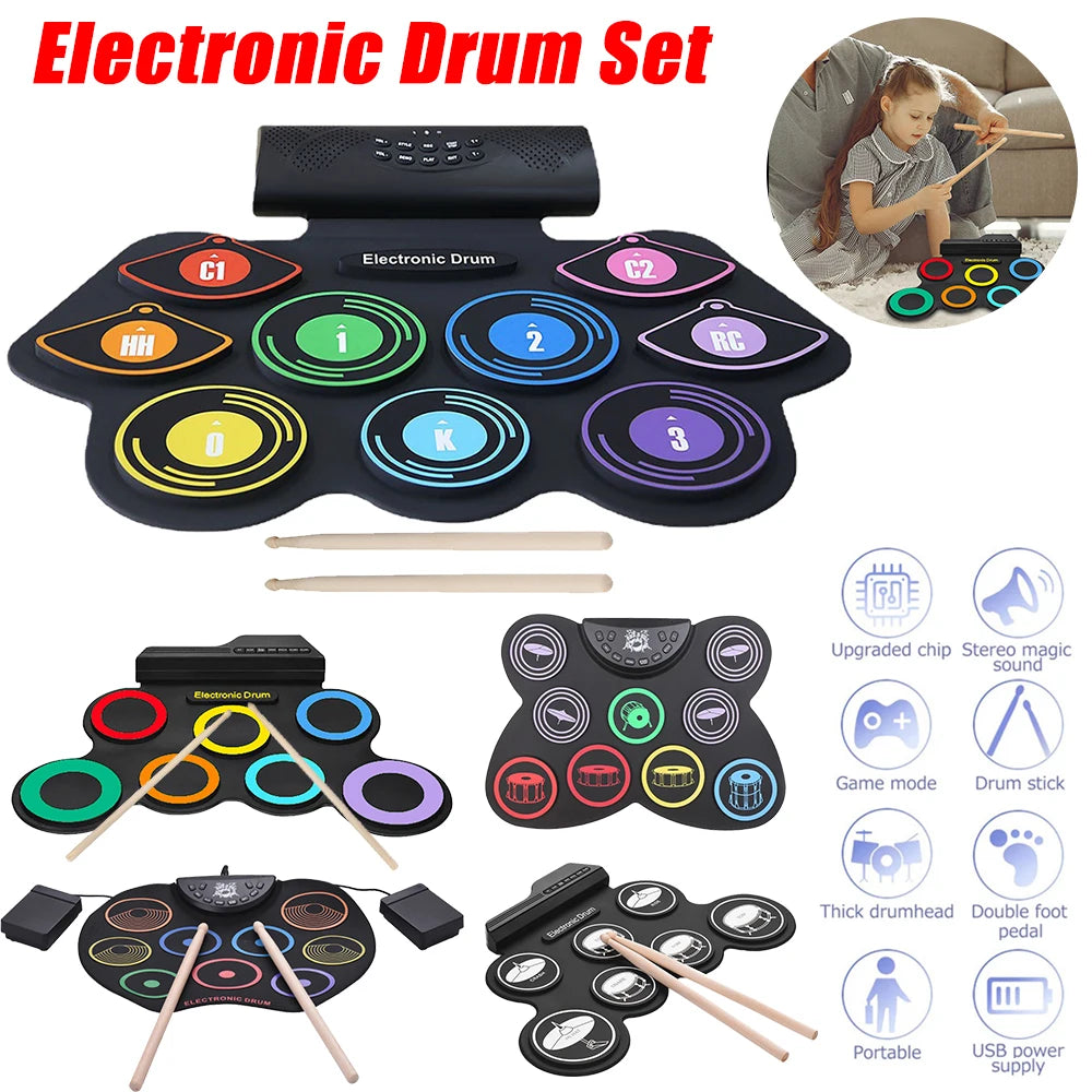 Electronic Roll Up 9 Pads Drum Kit Built In Speaker