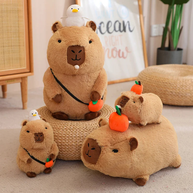 Adorable Capybara Plush Toy with Strawberry Hat & Turtle Backpack