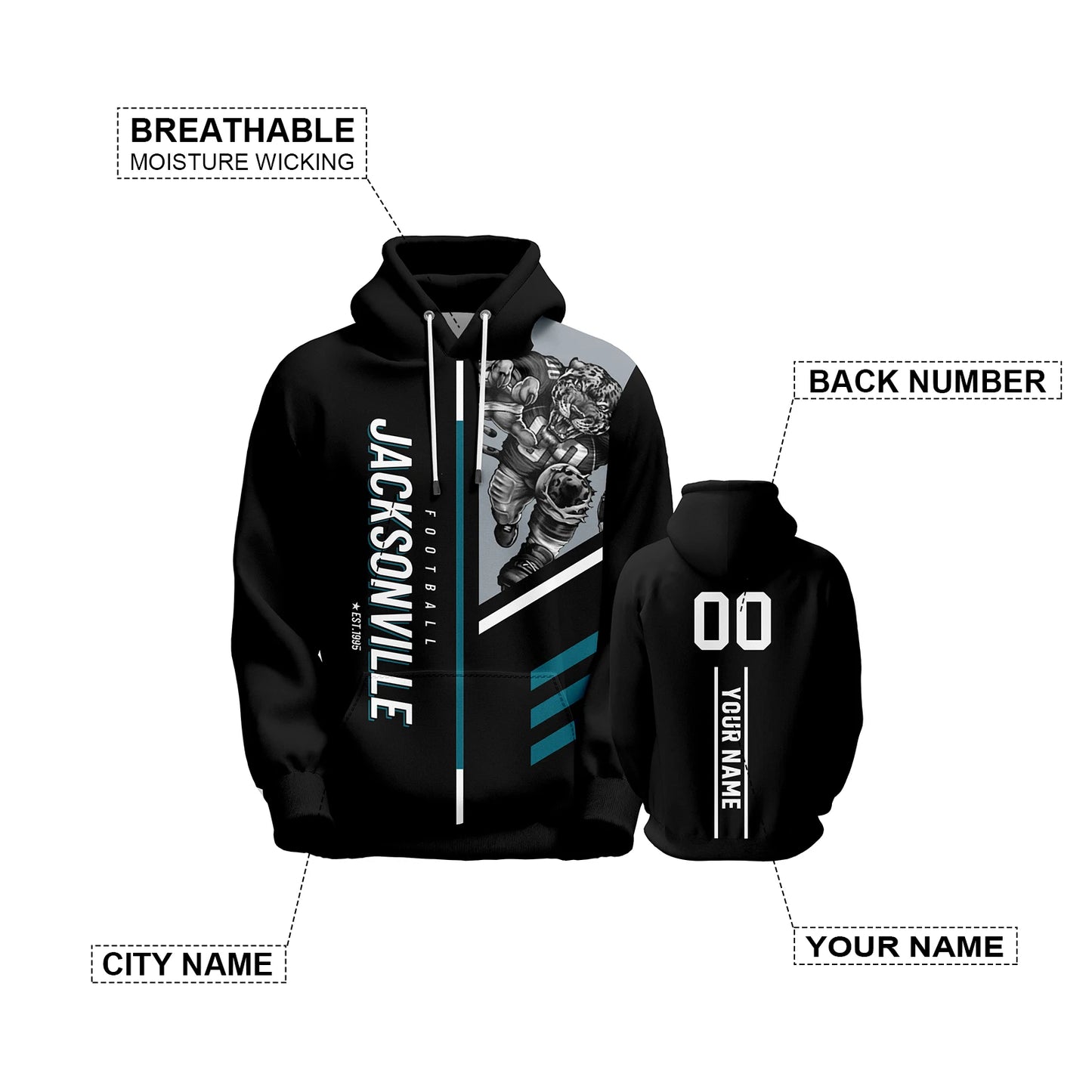 Personalized Jacksonville 3D Print American Football Hoodie with Custom Name & Number - Unisex Sweatshirt for Fans