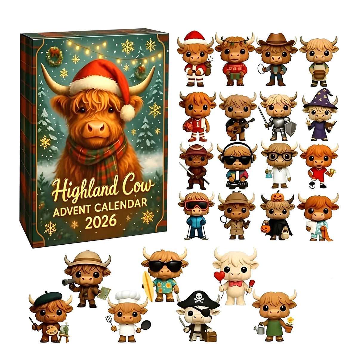 Advent Calendar | 2026 Highland Cow Figures | 24 Piece 3D PVC Display | Mantel And Shelf Decor