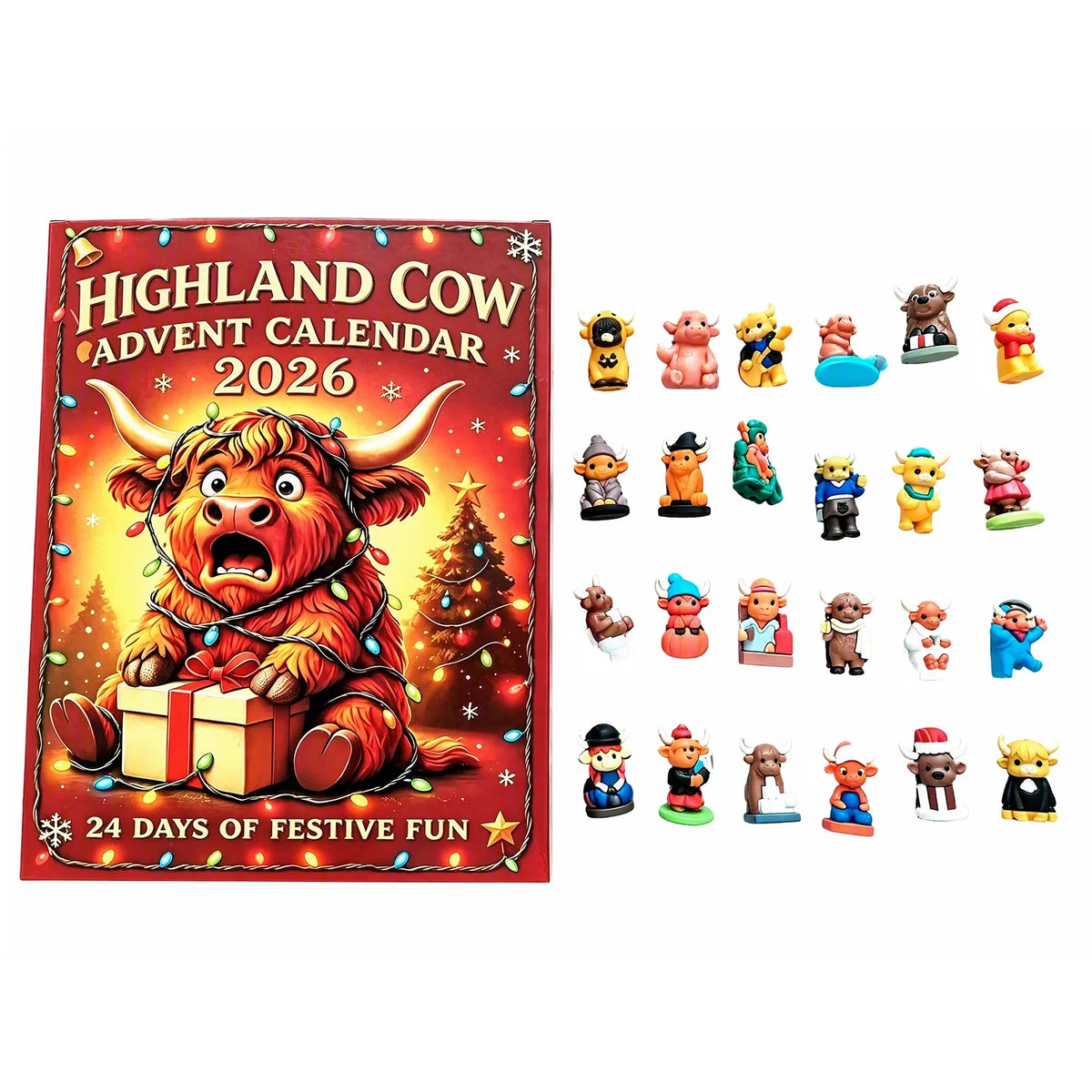 Advent Calendar | 2026 Highland Cow Figures | 24 Piece 3D PVC Display | Mantel And Shelf Decor