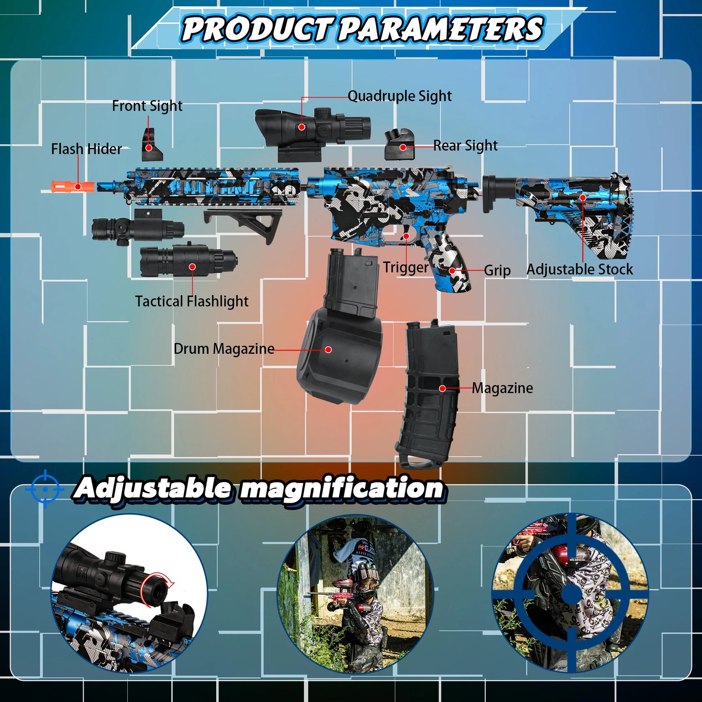 Gel Ball Blaster | M416 Scope Electric | Semi Auto and Auto Modes | Blue Camo