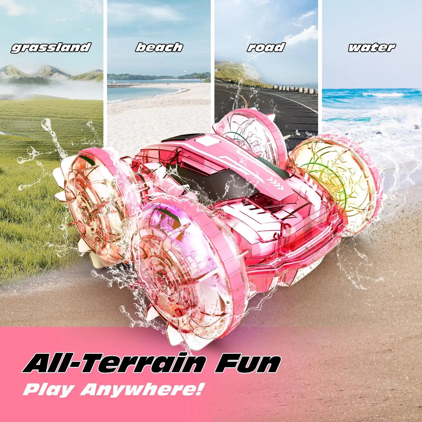 Amphibious 4WD Pink RC Car & Boat - Waterproof Stunt Vehicle for Kids