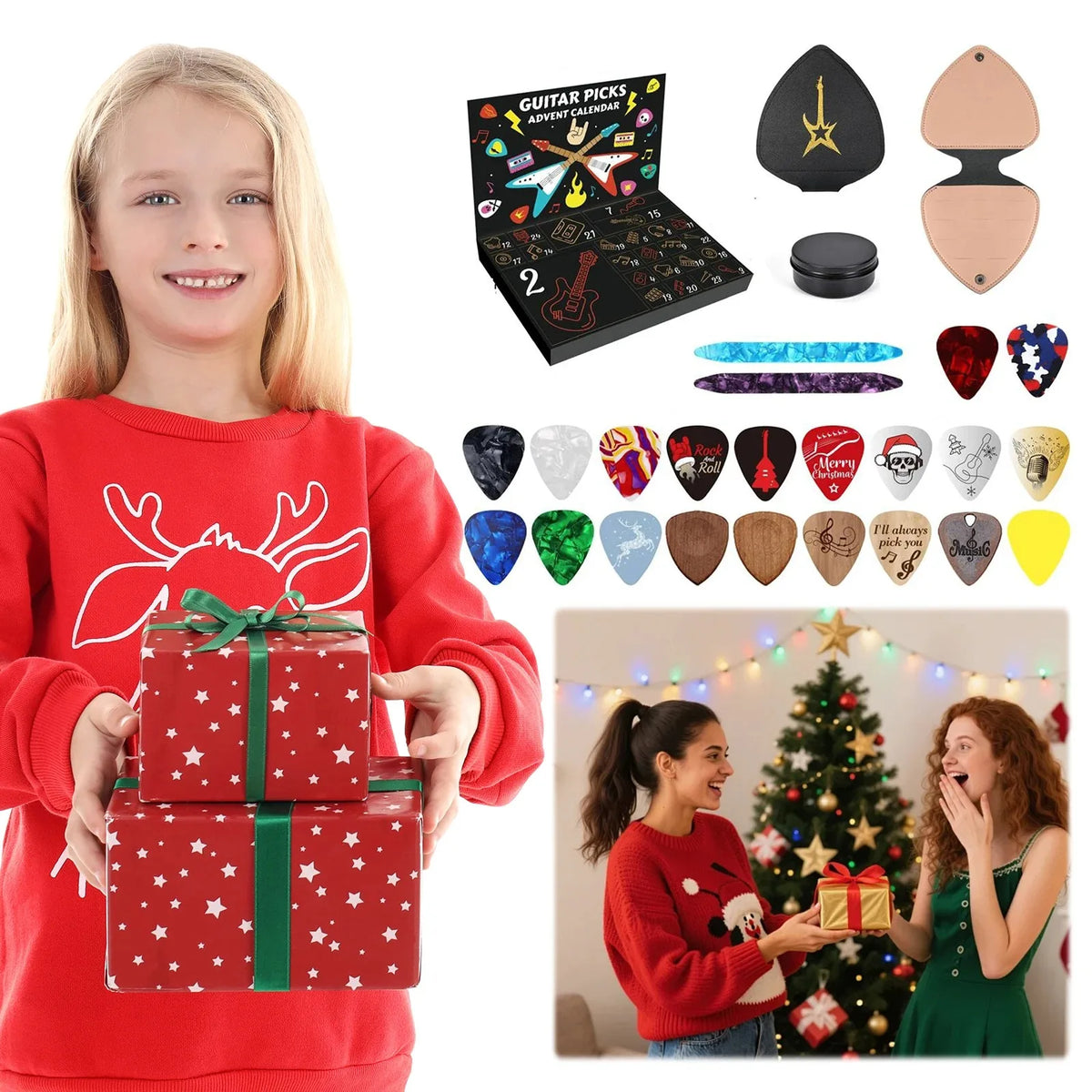 Advent Calendar | 24 Day Guitar Pick Set | 20 Picks 2 Oud Picks And Holder | Gift For Guitar Bass Ukulele Players