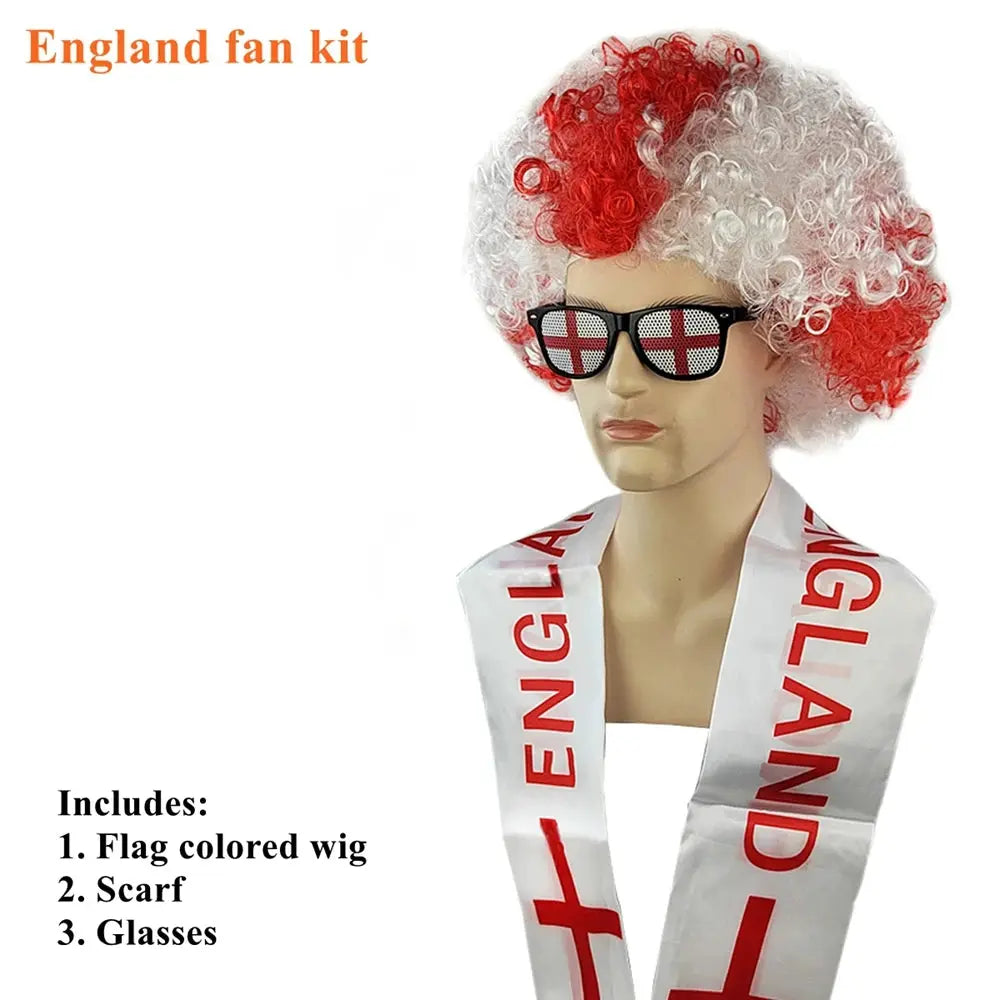 Soccer Match National Flag Color Explosion Hair Wig Fan Hairpiece with Scarf and Glasses Set European National Team Costume - ToylandEU