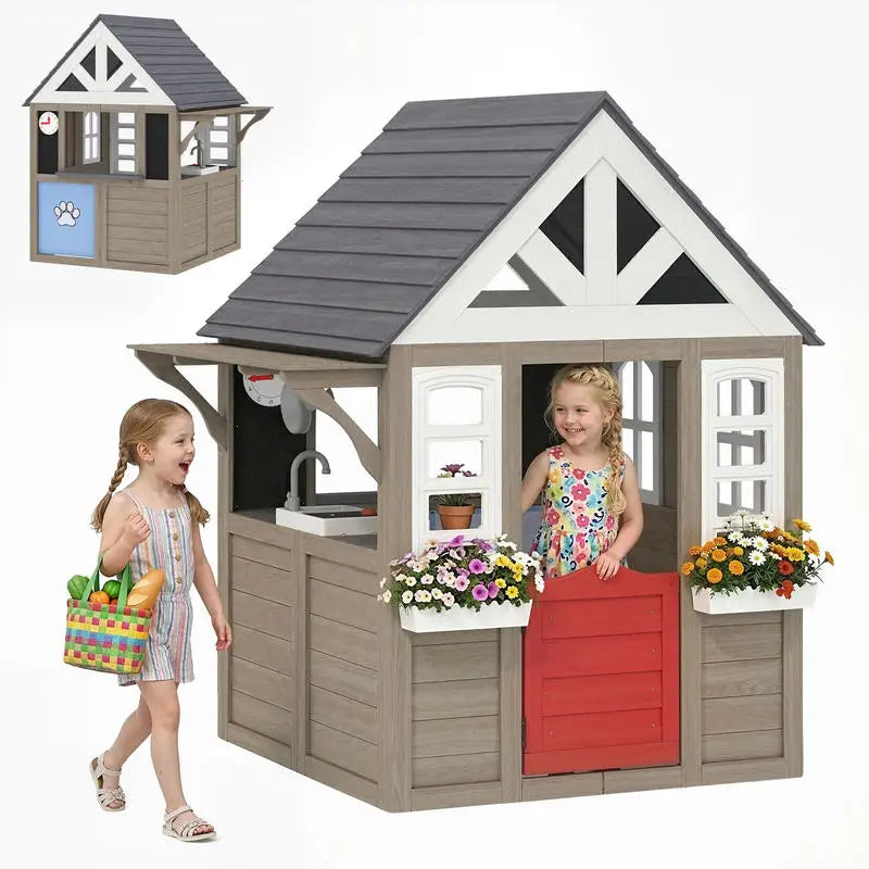Wooden Outdoor Playhouse For Kids With Stove Set Backyard Fun