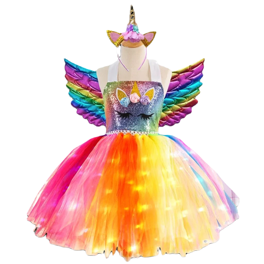 Magical LED Unicorn Princess Dress with Sequins - Kids Costume Delight!